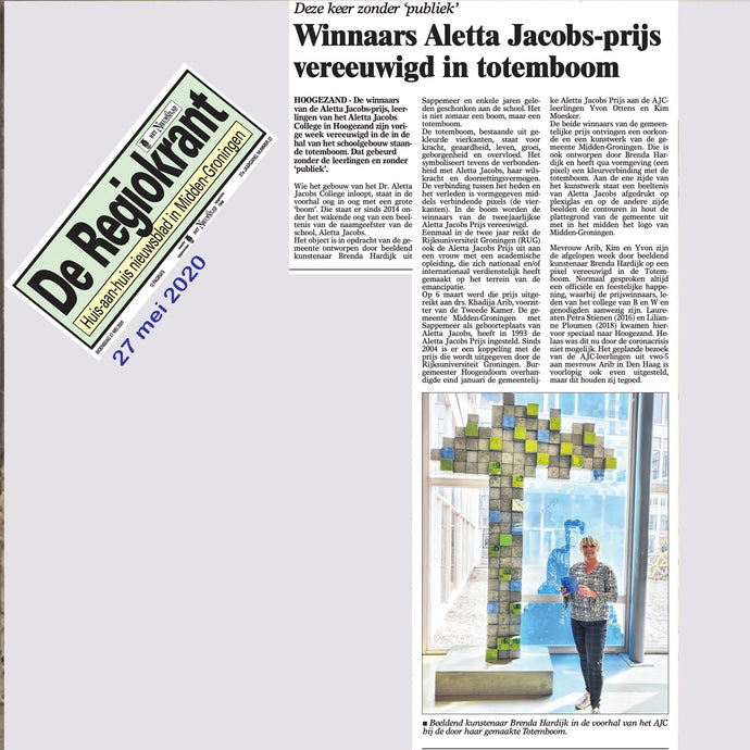ARTIKEL UIT DE REGIOKRANT 27-5-2020. WINNAARS VAN DE ALETTA JACOBS PRIJS WORDEN VEREEUWIGD IN DE TOTEMBOOM